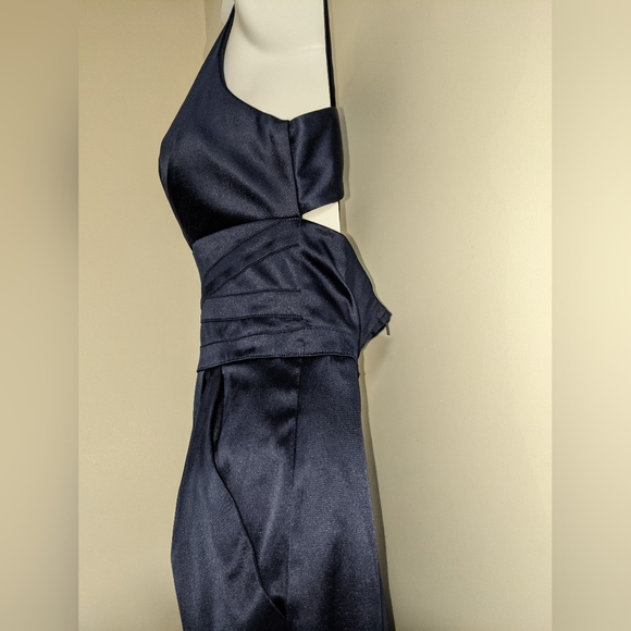 Blue satin cocktail mini dress criss cross low back with pockets - Picture 3 of 8